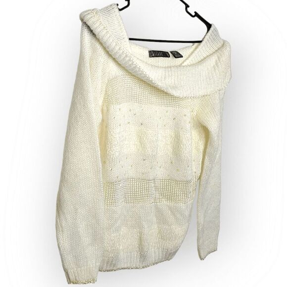 Gitano Knits Vintage 90s Off the Shoulder Cowl Neck Sweater in White with Sequin - Picture 2 of 5